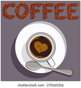 White coffee cup with heart shape made of foam 