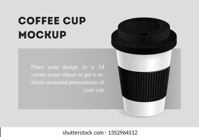 White coffee cup with holder mockup on grey background. Mock up. Mock-up. Coffee away. Coffee to go. Vector branding illustration.