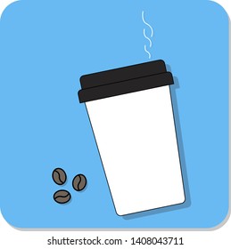 White coffee cup with hot coffe, coffee bean, on a blue background, Cartoon Style, Vector Illustration