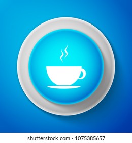 White Coffee cup icon isolated on blue background. Tea cup. Hot drink coffee. Circle blue button with white line. Vector Illustration