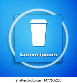 White Coffee cup icon isolated on blue background. Disposable coffee cup with hot coffee. Blue square button. Vector Illustration