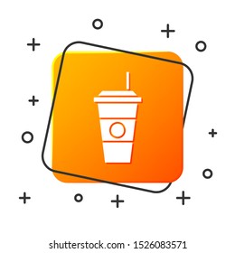 White Coffee cup icon isolated on white background. Disposable coffee cup with hot coffee. Orange square button. Vector Illustration