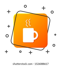 White Coffee cup icon isolated on white background. Tea cup. Hot drink coffee. Orange square button. Vector Illustration