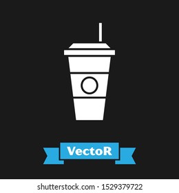 White Coffee cup icon isolated on black background. Disposable coffee cup with hot coffee.  Vector Illustration