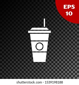 White Coffee cup icon isolated on transparent dark background. Disposable coffee cup with hot coffee.  Vector Illustration