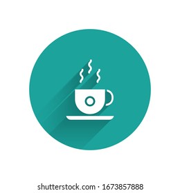 White Coffee cup icon isolated with long shadow. Tea cup. Hot drink coffee. Green circle button. Vector Illustration
