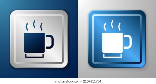 Icono de la taza de café blanca aislado en fondo azul y gris. Té. Café caliente. Botón cuadrado plateado y azul. Vector