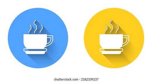 White Coffee cup icon isolated with long shadow background. Tea cup. Hot drink coffee. Circle button. Vector