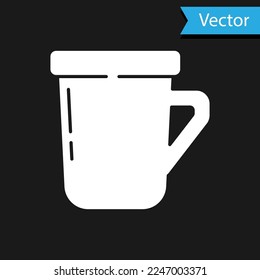 Icono de la taza de café blanca aislado en fondo negro. Té. Café caliente.  Vector