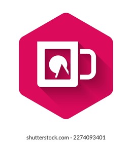 White Coffee cup icon isolated with long shadow. Take away print. Pink hexagon button. Vector