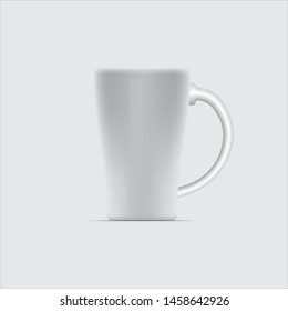 White of coffee cup long size Vector 3D.  Ceramic Mug gray on white background. 