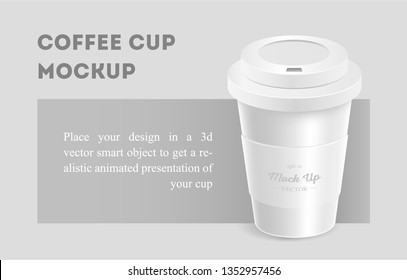 White coffee cup mockup with brown holder on grey background. Mock up. Mock-up. Coffee away. Coffee to go. Vector branding illustration.