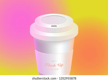 White coffee cup mockup on colored background. Coffee away. Coffee to go. Vector illustration.