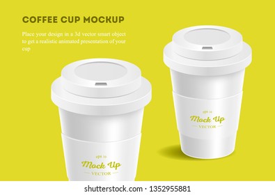 White coffee cup mockup on colored background. Coffee away. Coffee to go. Vector illustration.