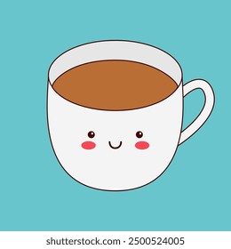 White coffee cup mug. Cute smiling face. Eyes, mouth, cheeks. Cappuccino espresso icon. Contour line hand drawn doodle. Kawaii funny food character. Childish style. Flat design. Blue background Vector