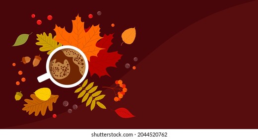 White coffee cup with multicolored autumn leaves, berries and acorns on a red burgundy background with a copy space. Flat vector illustration 