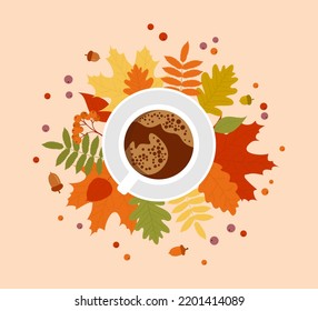 White coffee cup with multicolored autumn leaves, berries and acorns, top view. Flat vector illustration 