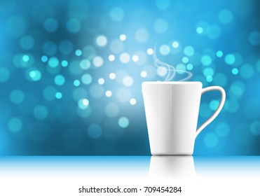 White coffee cup on blue bokeh background vector illustration.
