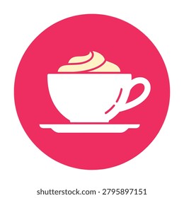 A white coffee cup on a saucer topped with whipped cream in a pink circle symbol