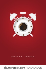 White Coffee cup poster and beans with time clock concept. Minimal design. Vector Illustration