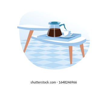 White Coffee Cup and Coffee Pot with Fresh, Aromatic, Just Made Hot Drink on White Table in Kitchen with Tiled Checkerboard Floor at Home, Waiting for Coffee Lovers to Come and Enjoy It