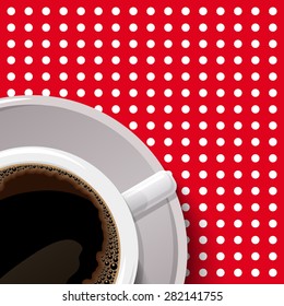 White coffee cup with realistic shadow on red and white circles tablecloth vector illustration
