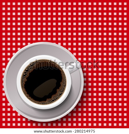 White coffee cup with realistic shadow on red squares tablecloth vector illustration