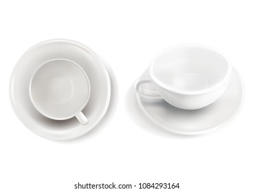 White coffee cup and saucer isolated on white background. 3D Vector illustration.