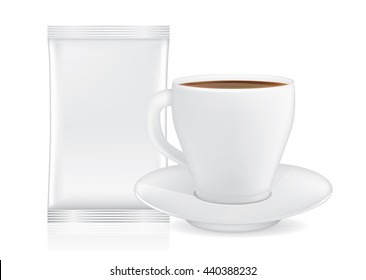 White coffee cup and saucer near blank sachet small size isolated on white. This illustration for pack shot of coffee, tea, or other drink.