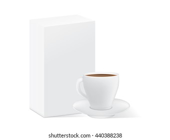 White coffee cup and saucer near white paper box isolated on white. This illustration for pack shot of coffee, tea, or other drink.