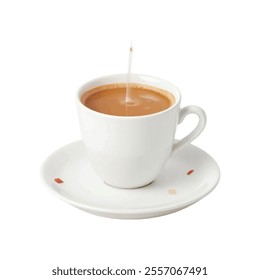  A white coffee cup and saucer are positioned against a stark white backdrop. The coffee cup is filled with a brown liquid, and a white straw is sticking out of the top of the cup.