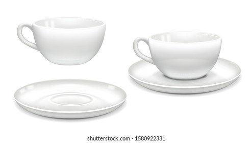 White coffee cup and saucer. Together and separately. Side view. Mockup for advertising design. Isolated on a white background. Vector illustration.