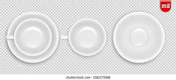 White coffee cup and saucer. Together and separately. Top view. Mockup for advertising design. Isolated on a transparent background. Vector illustration.
