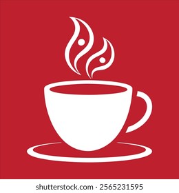 a white coffee cup with steam rising placed on a saucer, against a red background.