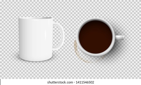 White coffee cup and white cup view from the top and coffee stain. 3d photorealistic. Vector illustration.-Vector