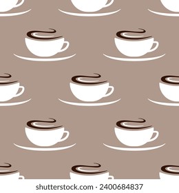 White coffee cups on brown background. Vector seamless pattern. Best for textile, cafe decor, wallpapers, wrapping paper, package and web design.