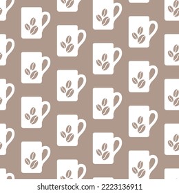 White coffee cups on soft brown background vector seamless pattern. Best for textile, cafe decor, wallpapers, wrapping paper, package and web design.