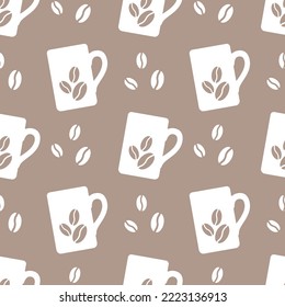 White coffee cups on soft brown background vector seamless pattern. Best for textile, cafe decor, wallpapers, wrapping paper, package and web design.