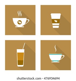 White coffee icon with long shadow for design. Autumn set. Vector illustration.