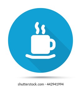 White Coffee icon on blue button isolated on white