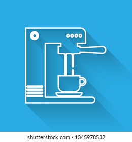 White Coffee machine and coffee cup icon isolated with long shadow. Vector Illustration