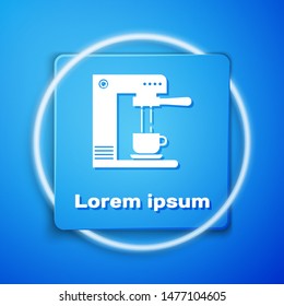 White Coffee machine and coffee cup icon isolated on blue background. Blue square button. Vector Illustration