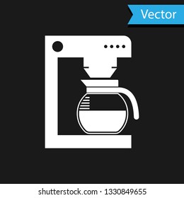 White Coffee machine with glass pot icon isolated on black background. Vector Illustration