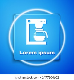 White Coffee machine with glass pot icon isolated on blue background. Blue square button. Vector Illustration