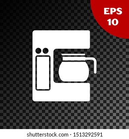 White Coffee machine with glass pot icon isolated on transparent dark background.  Vector Illustration