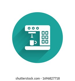 White Coffee machine icon isolated with long shadow. Green circle button. Vector Illustration