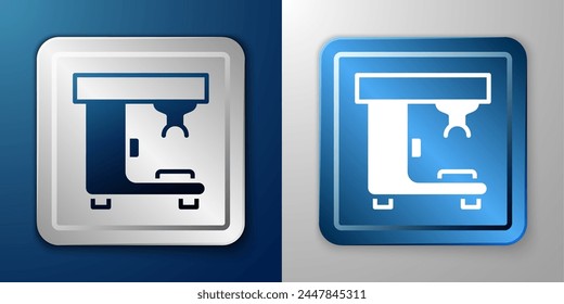 White Coffee machine icon isolated on blue and grey background. Silver and blue square button. Vector