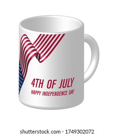 White Coffee Mug with American Flag and July 4th Congratulations. Festive design element for Independence Day USA. Isolated vector on white background