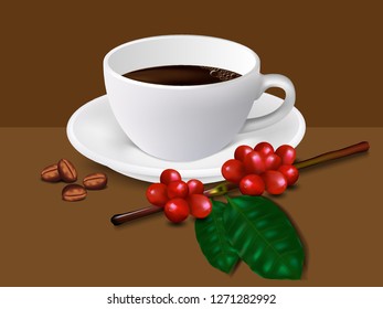 White coffee mug with black coffee inside And a little bubble On a dark and light brown background In front, there are roasted coffee beans and a bouquet of fresh coffee with a full red bean.