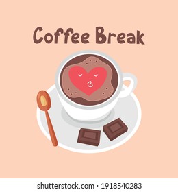 White coffee mug with chocolate and heart. Coffee Break lettering. Vector illustration